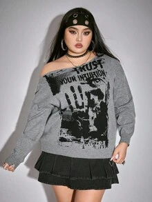 ROMWE Grunge Punk 大码女式韩流斜肩复古音乐节派对骷髅扎染印花宽松大码毛衣/冬季 - 灰色 - 查看 7