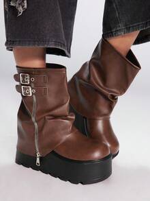 Sugerpunk 2025秋冬新款圆头厚底朋克风格扣带裤腿设计皮革户外时尚一脚蹬中筒靴 - 棕色 - 查看 1