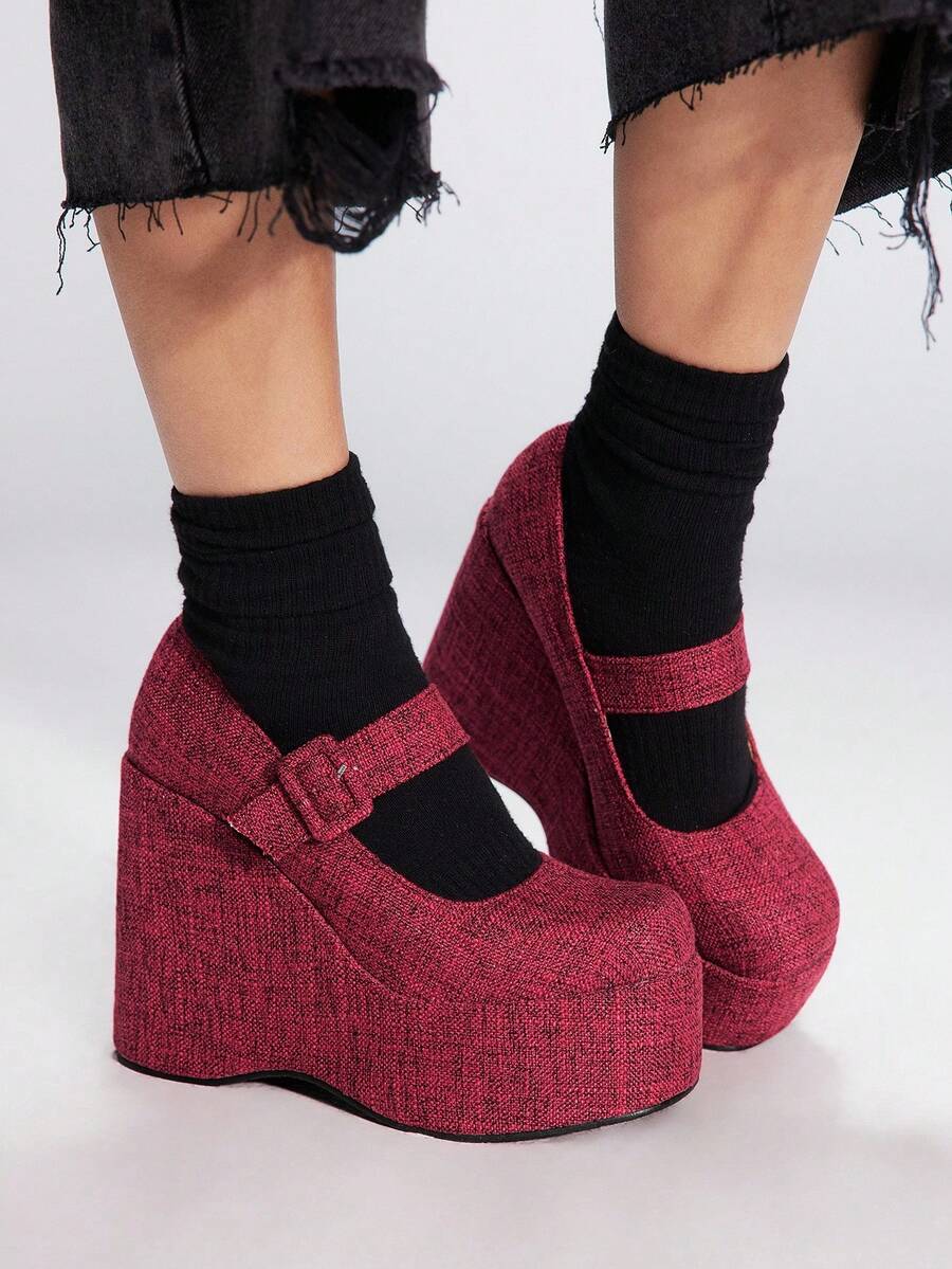 Sugerpunk Women's Round Toe Platform Thick Sole Fashion Simple Black & White Buckle Strap Casual Shoes