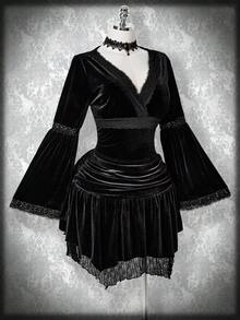 SHEIN ICON Áo nhung dệt kim cổ chữ V viền ren cỡ lớn dành cho nữ, trang phục Halloween, kiểu phù thủy, tay loe. - màu đen - Xem 7