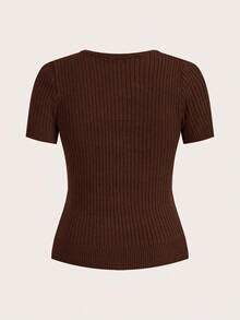 Modelyn 2 件套女士纯色圆领短袖上衣和优雅针织裙套装 2 件套女士秋冬装 - 咖啡棕 - 查看 5