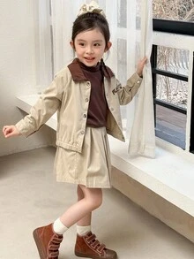 Genkimix Kids Set jachetă și fustă kaki cu guler polo, brodate cu litere, în culori block, pentru fete, ținută energică, potrivită pentru evenimente comunitare, bibliotecă și expoziții de artă - Kaki - Vizualizare 3