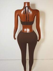 Mistrie Women's Sexy Minimalist Solid Color Backless Tie-Front Bodysuit, Summer - Brown - View 2