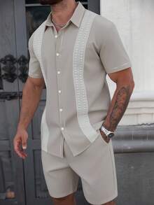 Manfinity CasualCool Men's Casual Button-Down Short Sleeve Shirt, Suitable For Daily Commute Men Lace Mesh Shirt