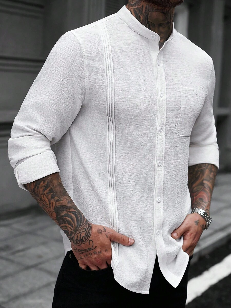 Manfinity CasualCool Áo sơ mi tay dài cổ đứng túi màu trắng họa tiết thường ngày Manfinity Casual Cool dành cho nam Áo sơ mi tay dài cổ đứng vải lanh trắng dành cho nam Áo sơ mi vải lanh nam Áo sơ mi họa tiết dành cho nam Áo sơ mi trắng nam, Áo dài tay, Quần áo ngoài trời mùa thu 2025 dành cho nam, Dành cho mùa thu - trắng - Xem 1