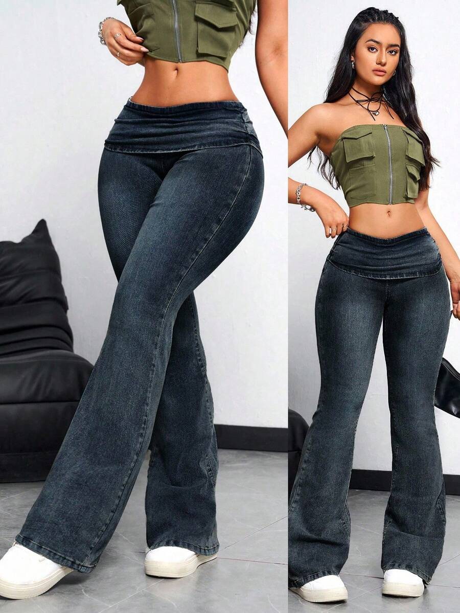 SHEIN EZwear 女士纯色简约日常牛仔裤 - 霧霾藍 - 查看 1