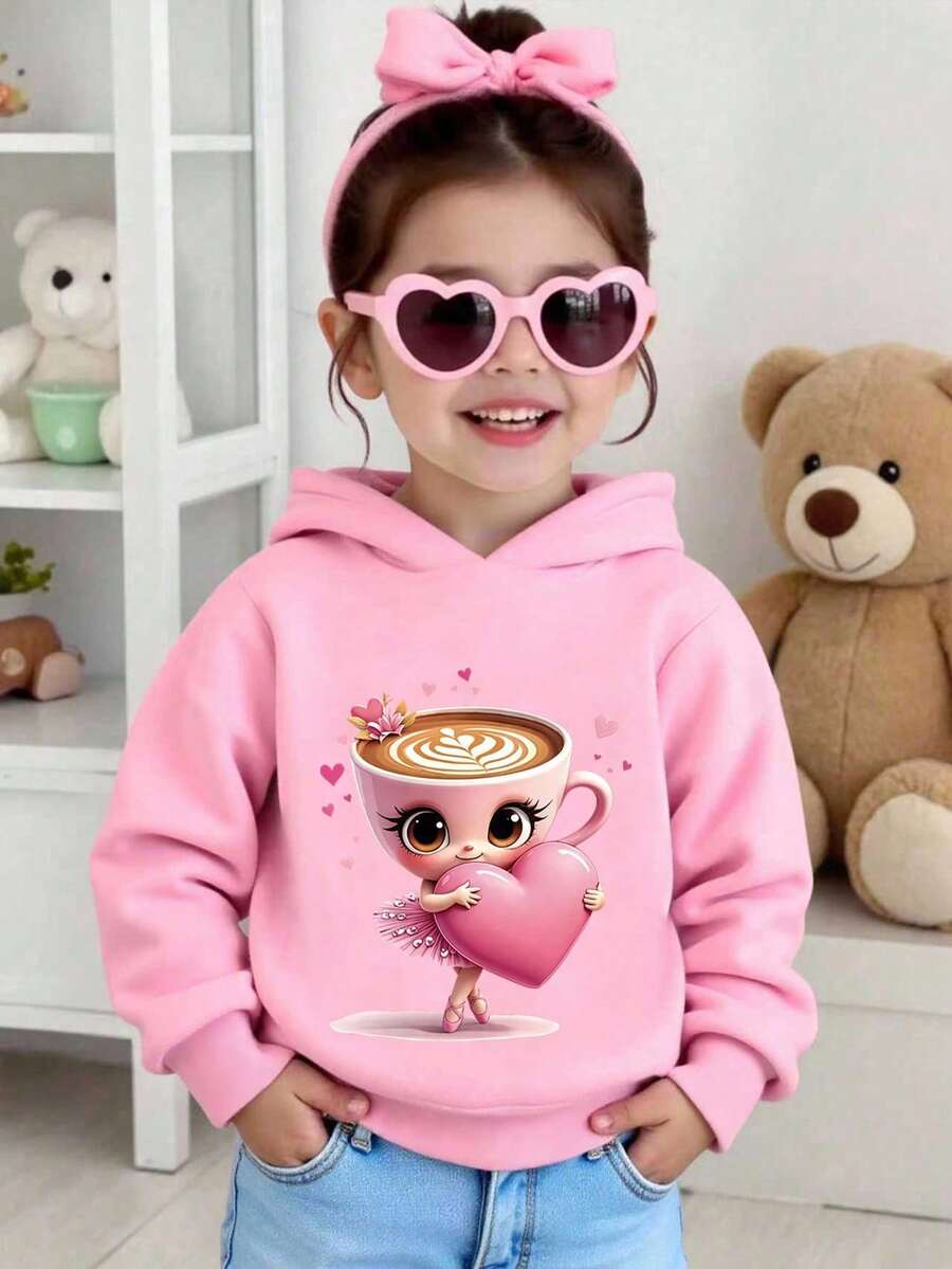 Baby Mädchen Lässiger modischer süßer Kapuzenpullover mit Cappuccino Ballerina Tänzer Grafik-Muster, Rosa, geeignet für Alltag & Outdoor, Herbstbekleidung