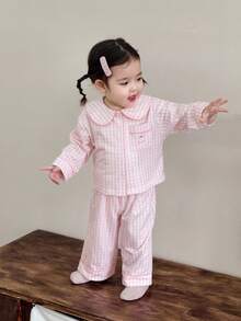 DAZY 2 件套幼儿女童格子舒适衬衫和宽松裤子睡衣套装 - 粉色 - 查看 7