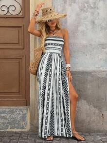 Brillora Women's Geometric Print Wide Leg Romper For Vacation - Black and White - View 1