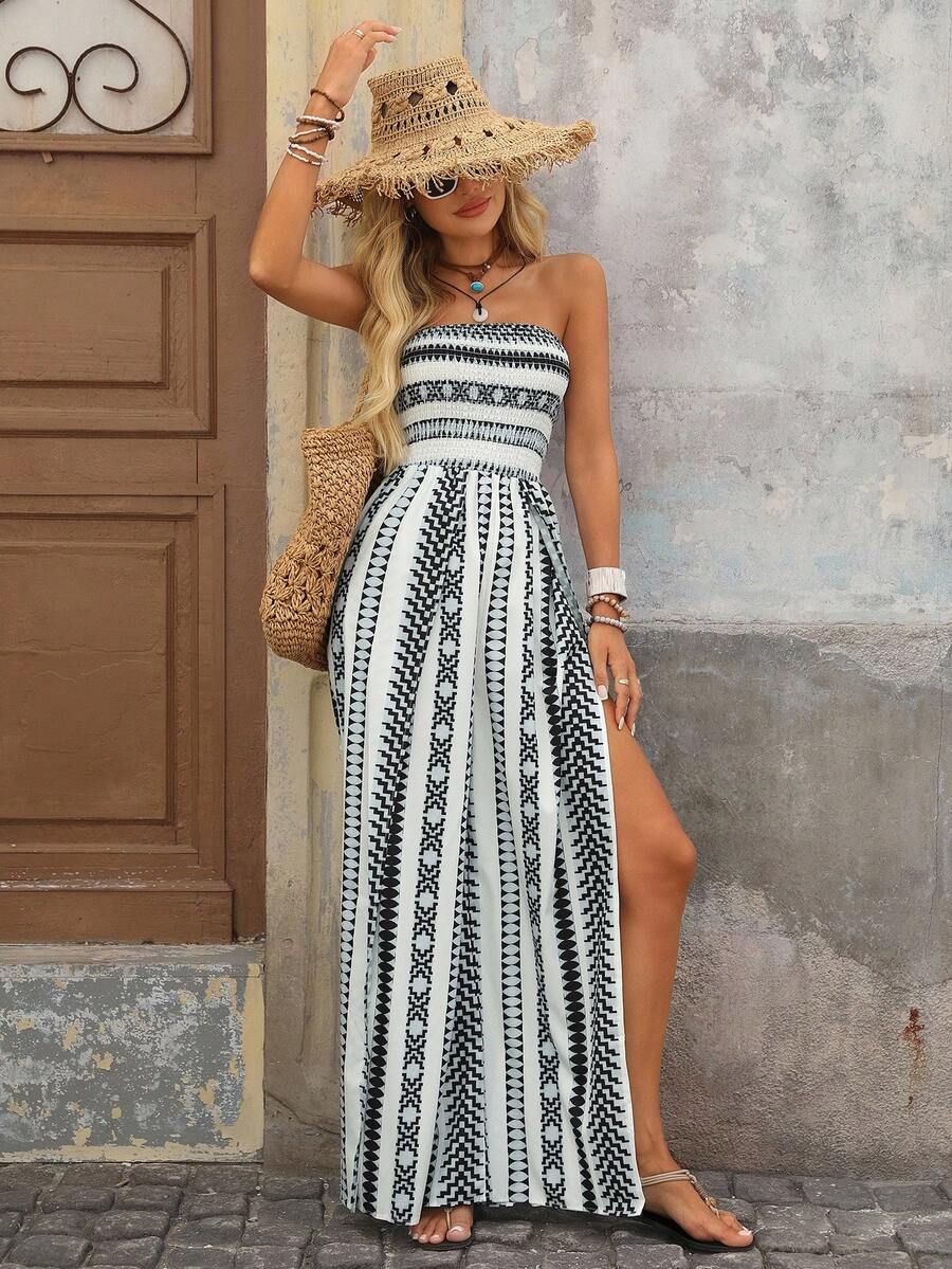 Brillora Women's Geometric Print Wide Leg Romper For Vacation - Black and White - View 1