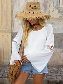 Brillora Hollow Out Bell Sleeve Round Neck Women's Blouse