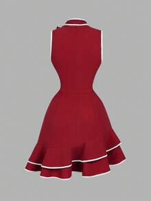 SHEIN MOD 女士优雅无袖连衣裙，荷叶边下摆，系带领 - 酒紅色 - 查看 2