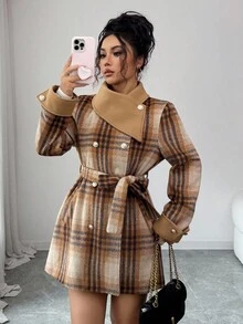 Elenzga Women's Elegant Romantic Commuter Khaki Plaid Asymmetrical Oblique Collar Double-Breasted Metal Button Decor Double Pocket 2 In 1 Splicing Lapel Cuff Bowknot Design Slim Fit Long Overcoat, Winter - Multicolor - View 6