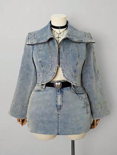 Sunspun Áo khoác denim tay ngắn dài màu xanh dương co giãn gợi cảm dành cho nữ cỡ lớn mùa đông, thích hợp cho buổi hẹn hò mùa thu.