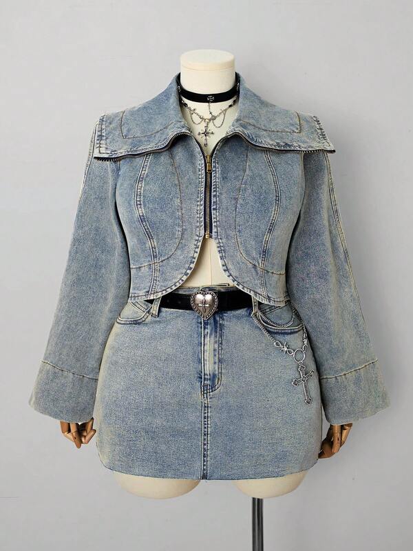 Sunspun Winter Plus Size Women Blue Elastic Sexy Short Long Sleeve Denim Jacket, Date Night For Fall