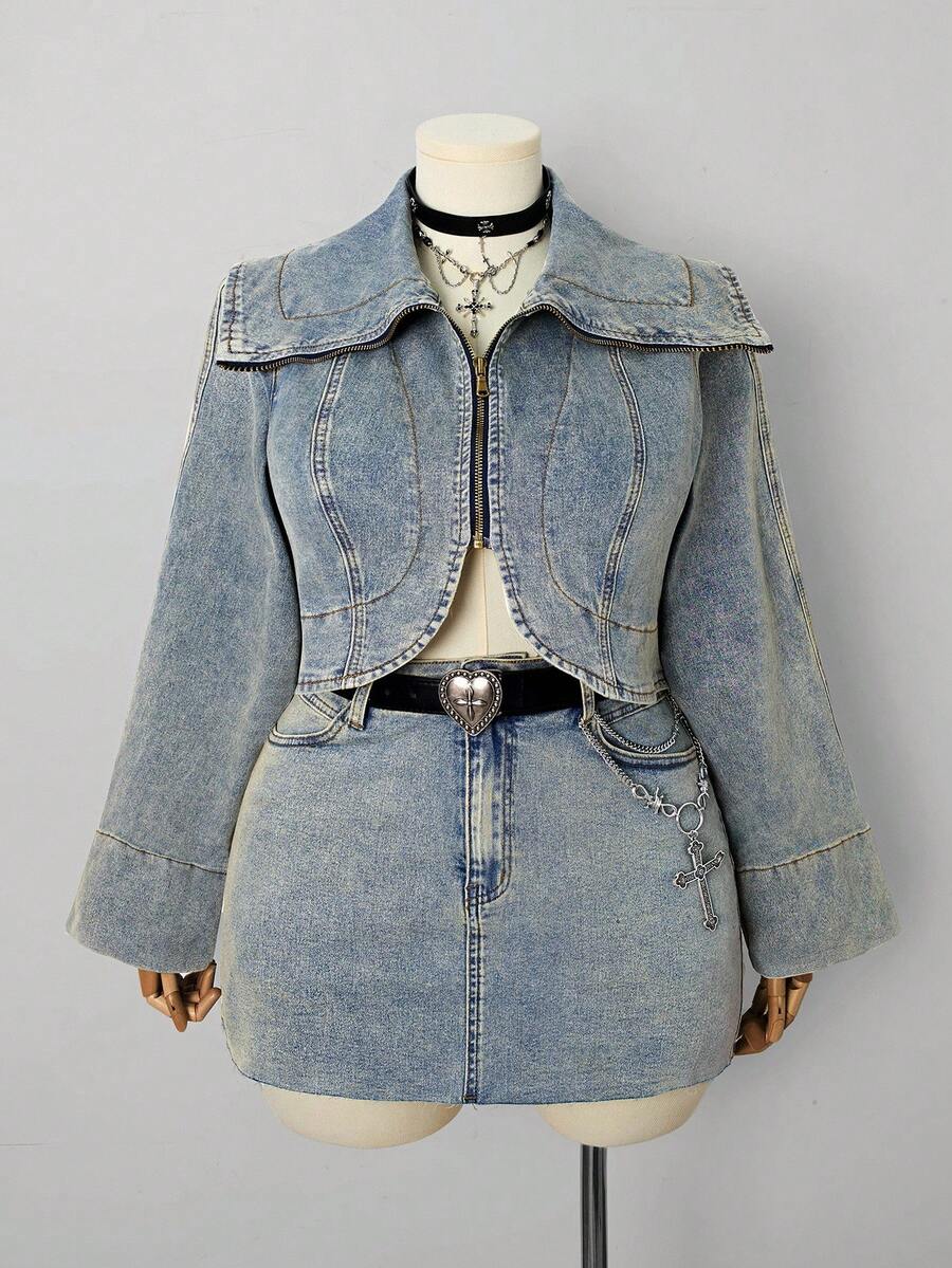 Sunspun 冬季加大码女式蓝色弹力性感短袖牛仔外套，适合秋季约会之夜 - 中等水洗藍 - 查看 1