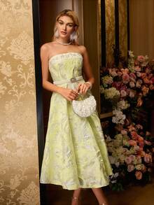 MOTF Soiréza 女士提花刺绣抹胸拼布喇叭下摆礼服鸡尾酒会筒裙（不含腰带） - 黃色 - 查看 5