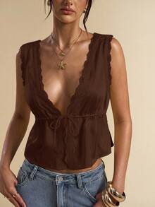 SHEIN BAE Yellow Satin & Lace Patchwork Camisole, Suitable For Vacation, Beach Camisole, Music Festival Camisole, Brunch Outfit, Wedding Guest Camisole, Bridesmaid Camisole, Spring/Summer,Brown Top