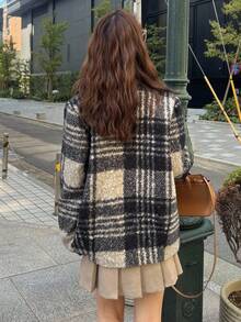 FRIFUL 女士格子翻领宽松休闲西装外套商务装 - 黑色 - 查看 4