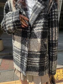 FRIFUL 女士格子翻领宽松休闲西装外套商务装 - 黑色 - 查看 6