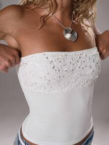 TRNVIE 1pc White Crop Top With Sequin Patchwork, Backless, Elastic Waist, Sexy Clubwear For New Year Party, Romantic Party, Gathering - White - View 3