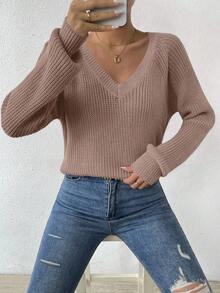 EMERY ROSE Áo len dệt kim dáng rộng cổ chữ V tay raglan màu trơn dành cho nữ, mùa thu - Bụi hồng - Xem 3