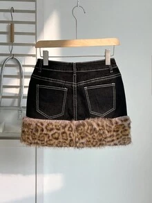 Elamini Damen Patchwork Leopard Kunstfell Jeans Mini Rock mit Taschen