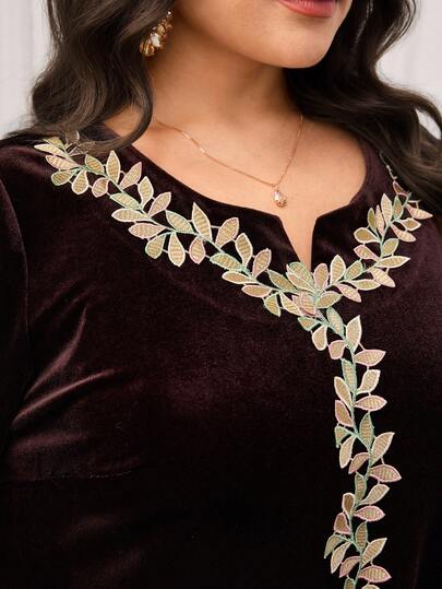 Al Najma Plus Size Women's Applique Decor Long Sleeve Loose Elegant Arabic Style Velvet Dress Jalabiya Dress Modest Winter/Fall