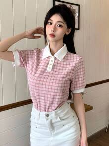 DAZY Camiseta de polo de manga corta con bloqueo de color y ribete decorativo a cuadros