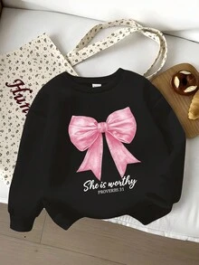 女婴时尚可爱蝴蝶结装饰黑色圆领长袖卫衣，女婴黑色抓绒套头衫，女婴蝴蝶结套头衫，女婴休闲卫衣，女婴秋冬季保暖内衬卫衣，6个月-3岁女婴秋季卫衣，女婴服装，黑色粉色蝴蝶结卫衣，黑色卫衣，女婴服装 - 彩色 - 查看 1