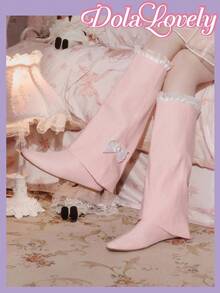 Dola Lovely Women's Pointed Toe Bow Decor Patchwork Ruffle Trim Mid-Calf Boots - Pink - View 5