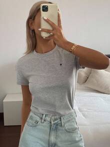 Livesso 星星印花圆领休闲短袖女式 T 恤 - 灰色 - 查看 4