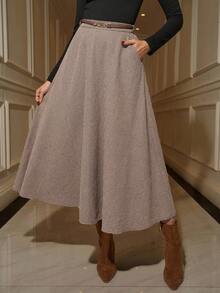 Ellevyn 女士 A 字棕色格子羊毛混纺半身裙，收腰设计，优雅日常通勤之选 - 卡其色 - 查看 2