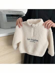 女婴针织纯色刺绣立领半拉链休闲卫衣 - 白色 - 查看 6