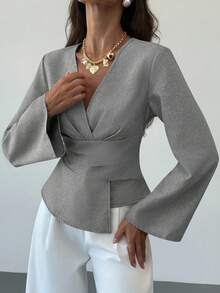 Aloruh New Stylish Commuter Waist Ruched Asymmetric Hem Long Flare Sleeve V-Neck Pullover Blouse - Grey - View 6