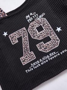 SHEIN Explorewe 2 件套 Tween Girls Me 宽松休闲街头时尚设计斜肩豹纹罗纹印花搭配撞色腰部阔腿裤套装，适合日常、通勤、休闲、度假、聚会、街拍、秋冬 - 黑色 - 查看 5