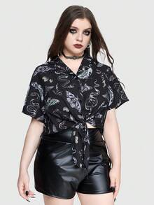 ROMWE Gothic Floral Print Tie Front Loose Cropped Shirt For Women - Multicolor - View 5