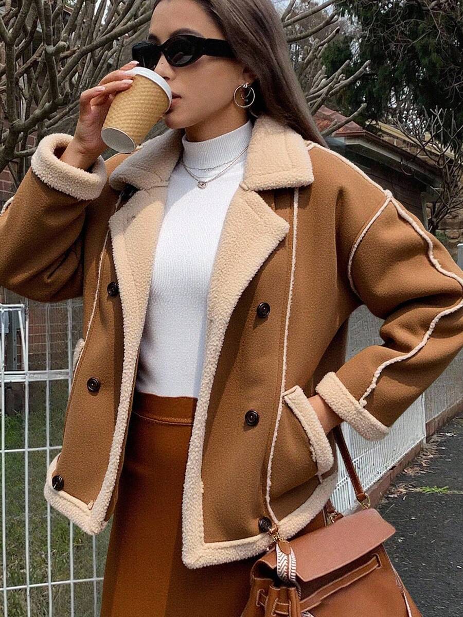 DAZY 女士落肩长袖双排扣保暖内衬常规款外套，冬季女式外套 - 駝色 - 查看 1