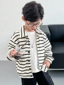 Genkimix Kids 2pcs/Set Toddler Boys' Autumn New Striped Collar Long Sleeve Button-Up Shirt Top And Straight Leg Casual Pants Set, Stylish Street Fashion Outfit Fall Winter - Black and White - View 7