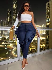 Slaydiva Quần jean bó 7/8 màu xanh co giãn cá tính cho nữ cỡ lớn, trang phục cao bồi/rodeo - Rửa tối - Xem 6