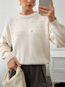 EURMUSE Women Sweater With Rhineshine Stones With Pearls Sweater Tops Pearl Sweater,Jumper,Cream Jumper,Jumpers,Black Jumper,Womens Jumper,White Jumper,Women's Jumper,Women's Jumpers,Winter Clothes - White - View 5