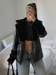 SHEIN EZwear Áo khoác PU chắp vá tay dài màu trơn có dây rút cho mùa thu/đông - màu đen - Xem 4