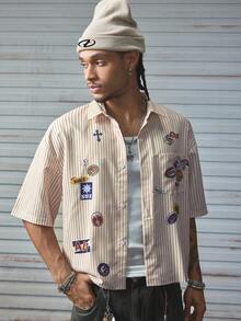 AXEPEAK Men's Cross Stripe Short Sleeve Single-Breasted Casual Shirt