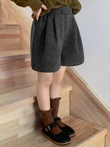 DAZY Girls (Small) Solid Color Wool Blend Casual Shorts, Autumn/Winter - Grey - View 6