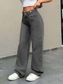 EURMUSE Low Waist Button Detailed Snow Wash Straight Cut Jean - Light Grey - View 8