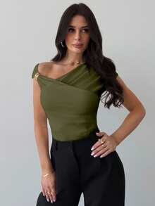 Firerie Camiseta ajustada modesta con hombro asimétrico, cintura fruncida, elegante para uso diario, color blanco - Verde militar - Ver 3