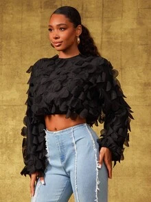 Vixey Black Chiffon Circle Applique Long Sleeve Top