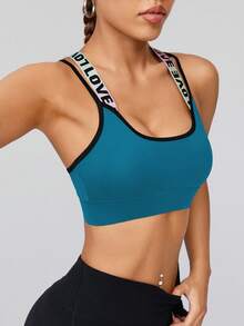 Easithlete Sexy Criss-Cross Back Letter Print Racerback Sports Bra With Adjustable Clasp Cross Back Sports Bra Color Block Sports Bra Workout Top Open Back Workout Tops Backless Open Back Gym Tops - Baby Blue - View 3