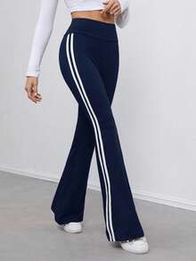 SHEIN Tall 纯黑色高弹针织侧缝白色织带紧身裤，适合秋冬季 - 藏蓝色 - 查看 6