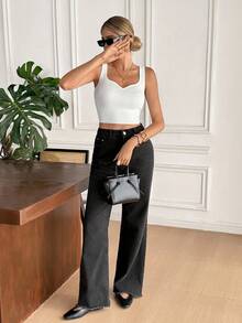 SHEIN Essnce Notched Detail Crop Tank Knit Top - White - View 6